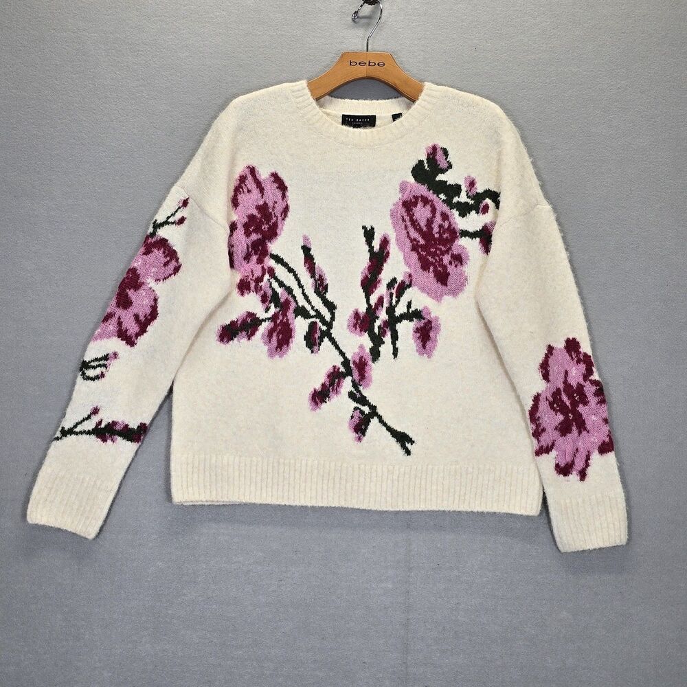 Ted Baker Flower Sweater Vanilla Ice Knit Crewneck Soft Cozy Pullover Size XS